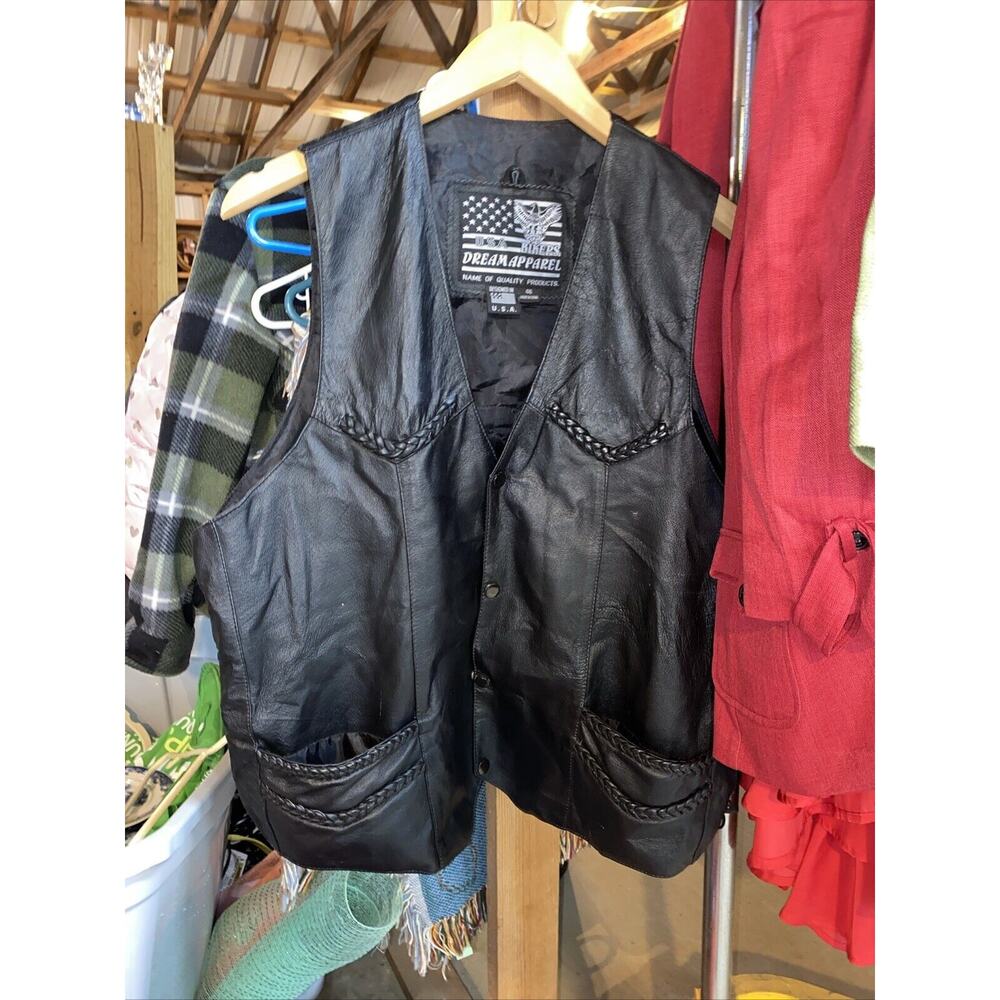 USA Bikers Dream Apparel Black Leather Vest Lace Up Adjustable Sides Men Size 46